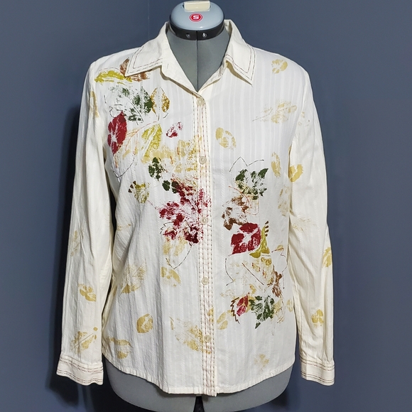 Koret Tops - Koret Cream Shirt with Multicolor Floral Stamped Leaf Design Women's Size 10